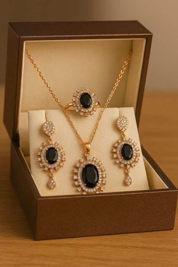 Black Onyx Halo Pendant & Earring Set with Matching Ring
