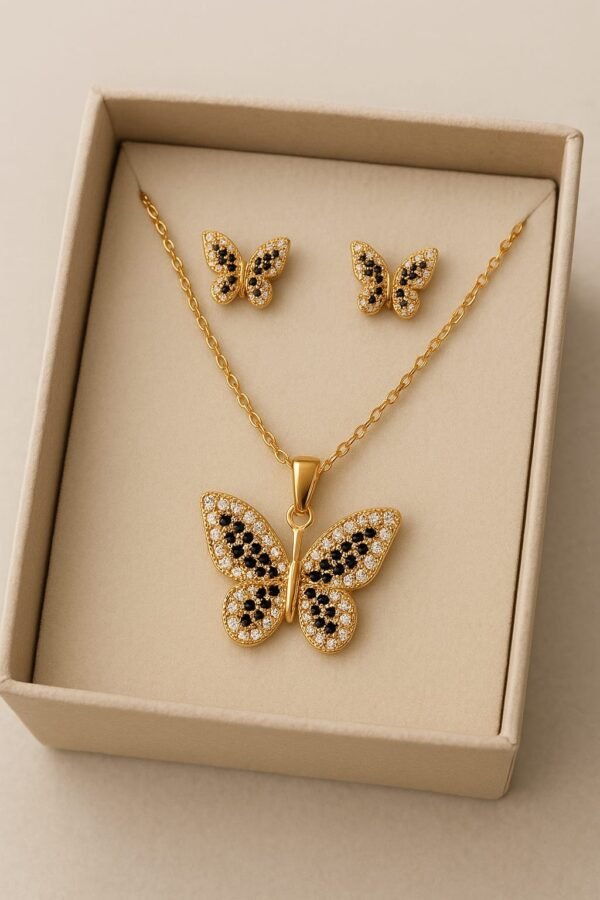 Golden Butterfly Pavé Necklace & Stud Earring Set
