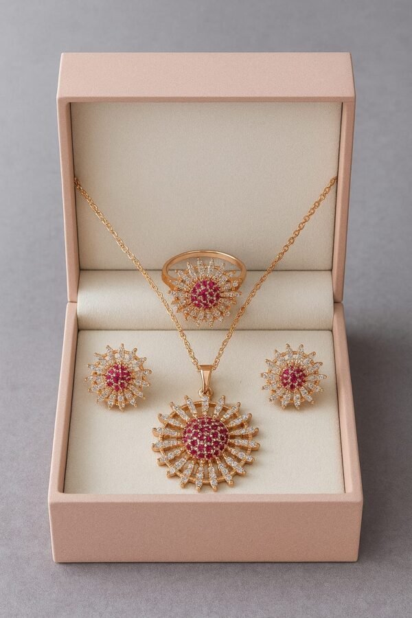Radiant Sunburst Ruby CZ Necklace & Earring Set with adjustable Ring