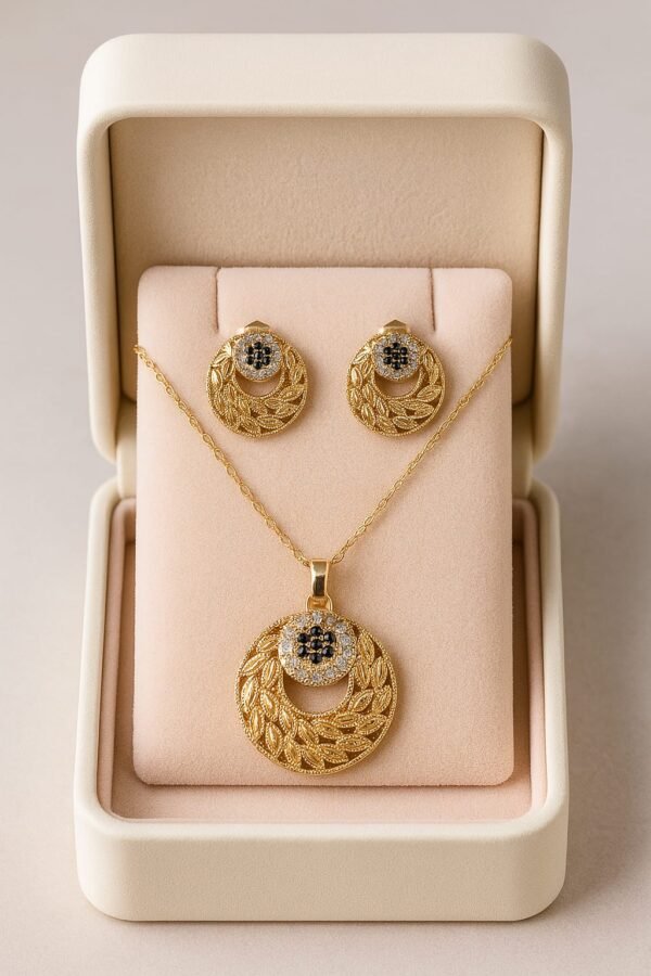 Gold Leaf Round Pendant Necklace & Stud Earrings Set