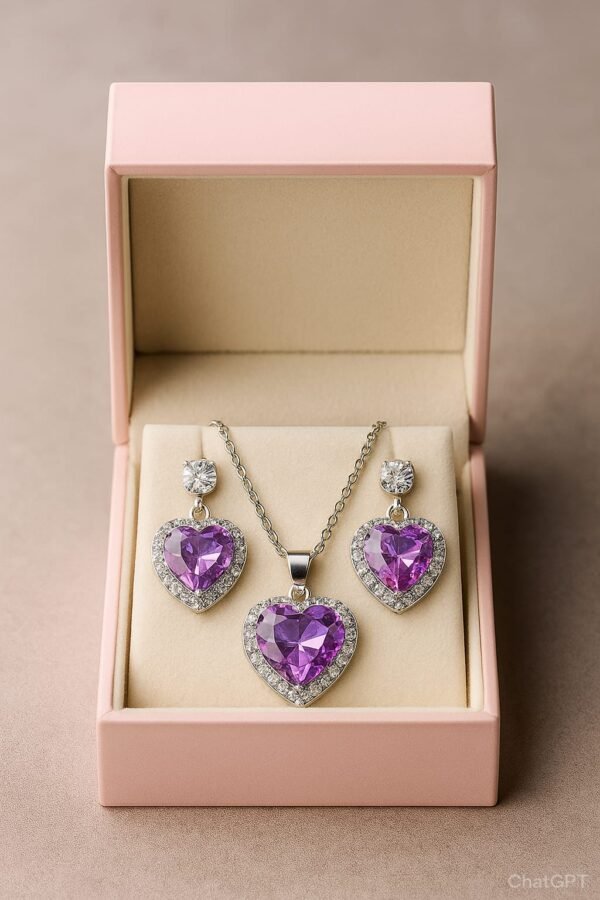 Amethyst Heart Halo crystals Necklace & Earring Set