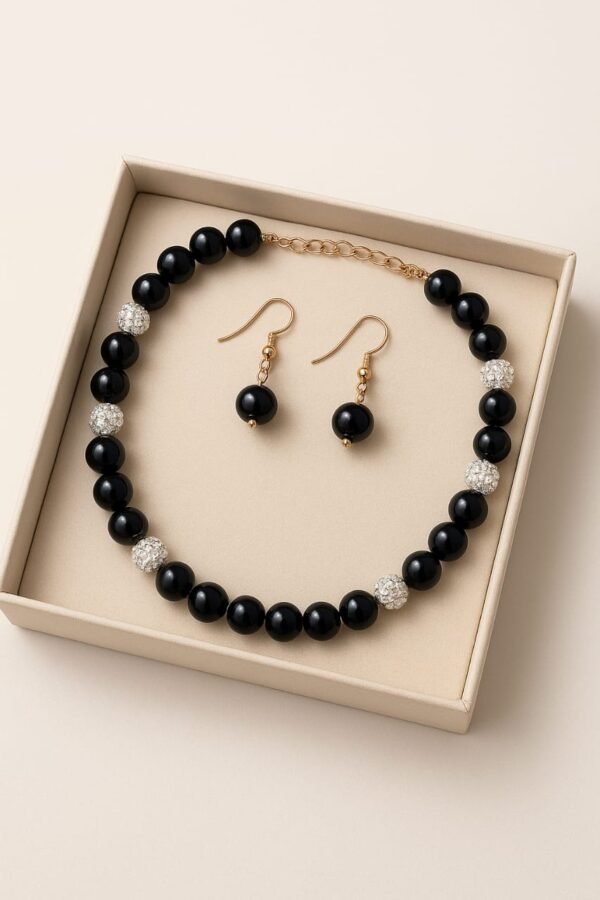 Black Onyx & Sparkle Bead Necklace with Drop Earrings