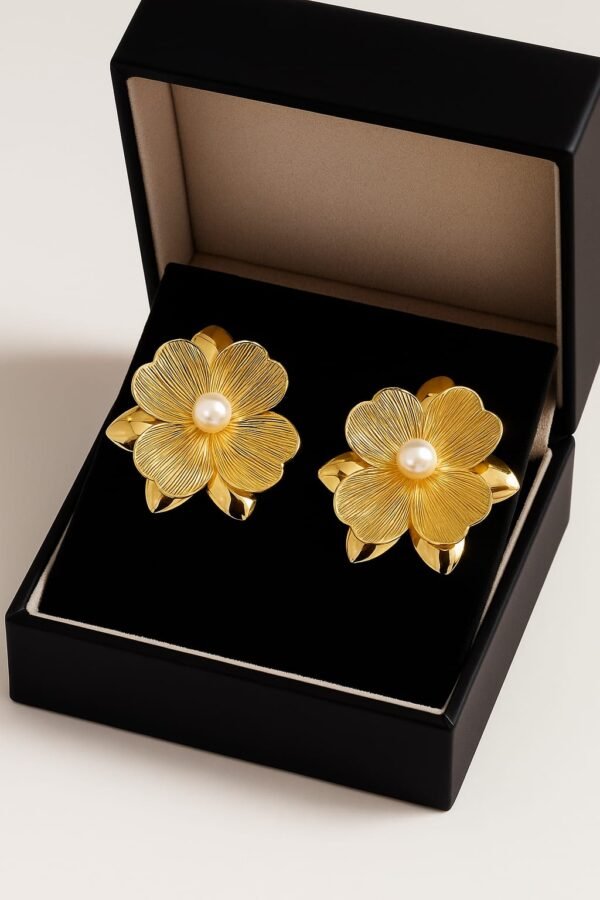Golden Stainless Steel Floral Pearl Ear-studs
