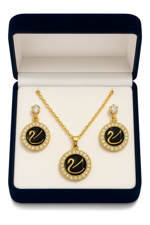 Gold Black Swan Pendant & Earring Set