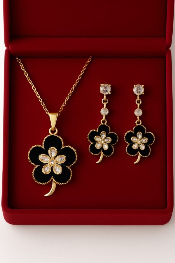 Black Enamel Four-Leaf Clover Jewelry Set