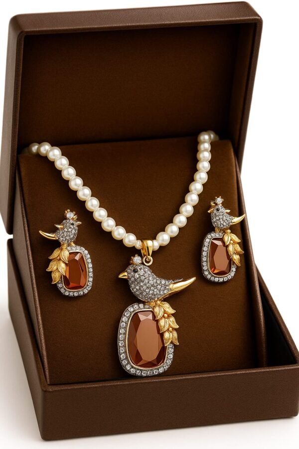 Crystal Charm Lapis Gold-Tone Bird Pendant Set