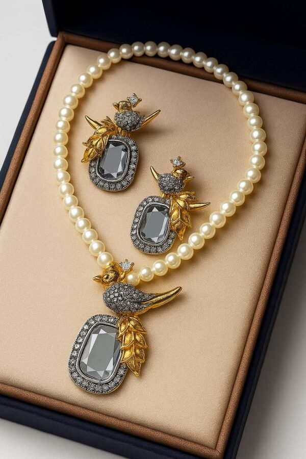 Crystal Charm Lapis Gold-Tone Bird Pendant Set