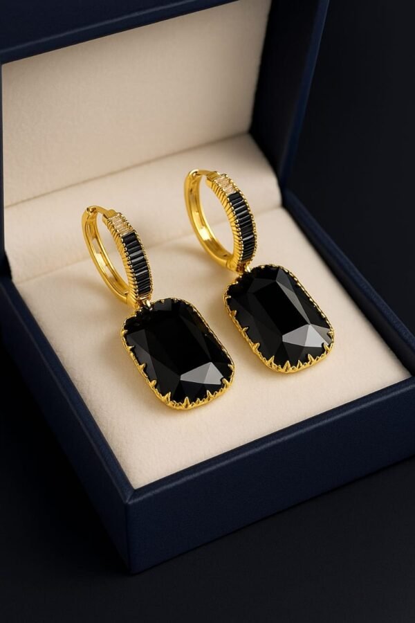 Gold Polished Drop Earrings with Black Faceted Stones