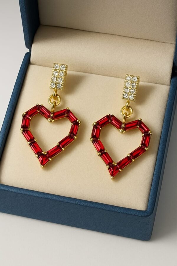 Crystal Heart Drop Red Baguette Earrings