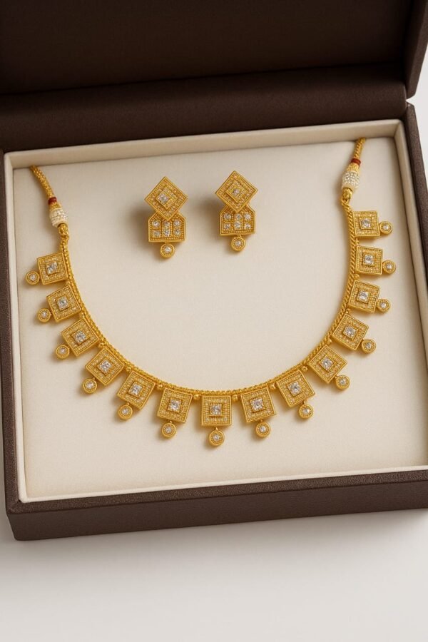 Indian Rajwari Gold-Polished Necklace Set with White Stones