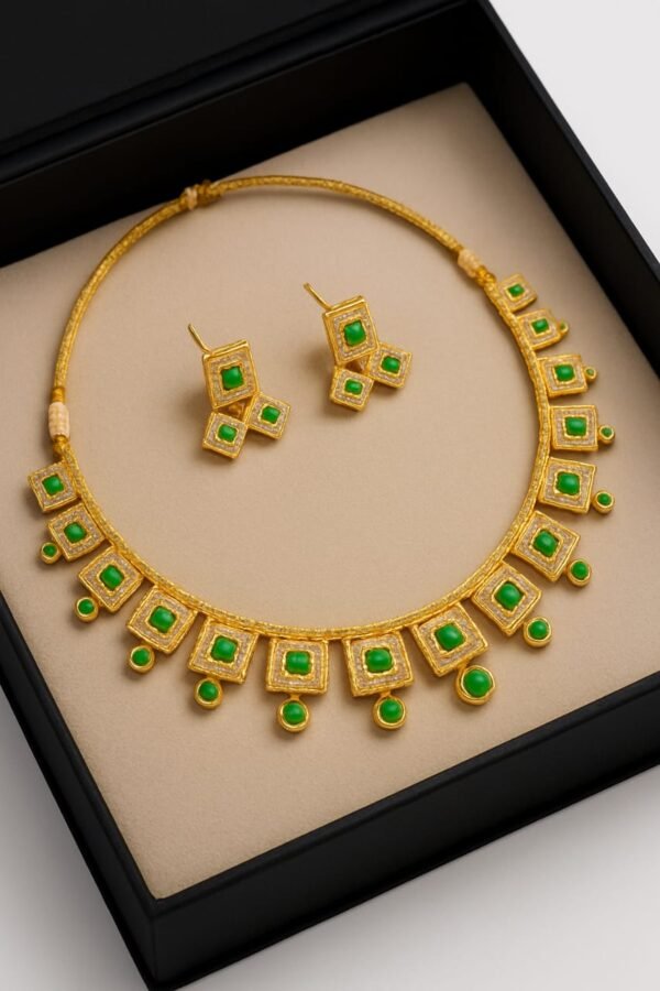 Rajwari Gold-Polished Necklace Set with Green Stones
