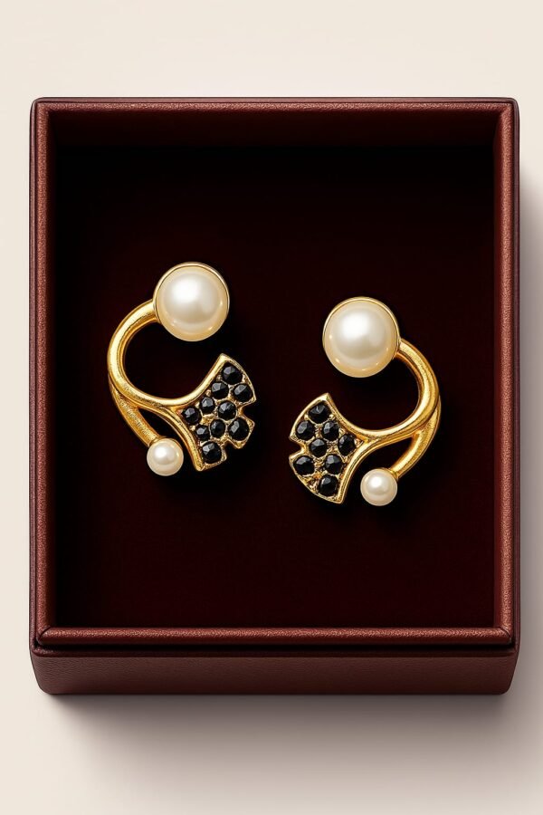 Pearl & Gold Crescent Black Stones Ear-Studs
