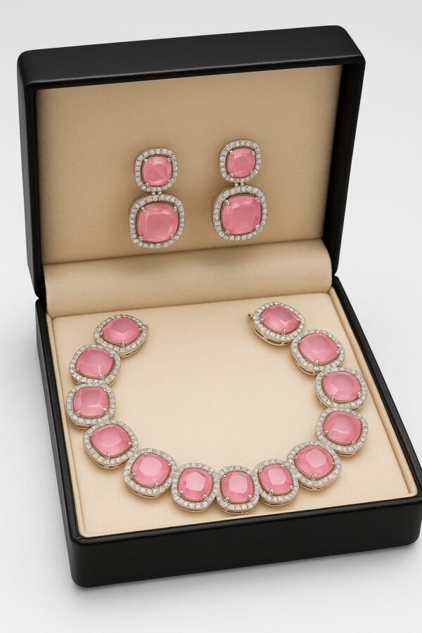 American Zarcon Tone Pink Gems Necklace set with Earrings