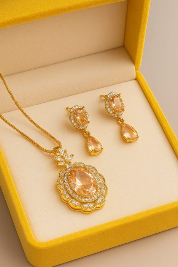 Yellow Sapphire Pendant Set with Earrings in Silver-Toned Frame