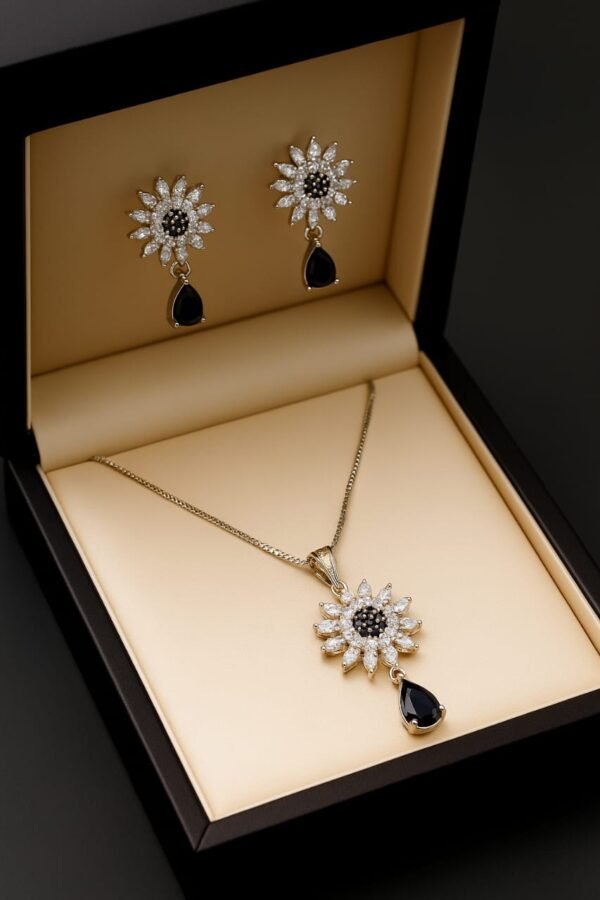 Black Sunburst Rosette Jewelry Set with Teardrop Earrings
