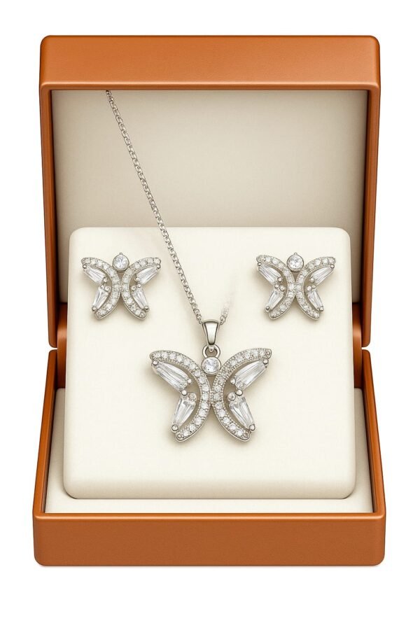 Butterfly Silver Polished Crystal Pendant Set