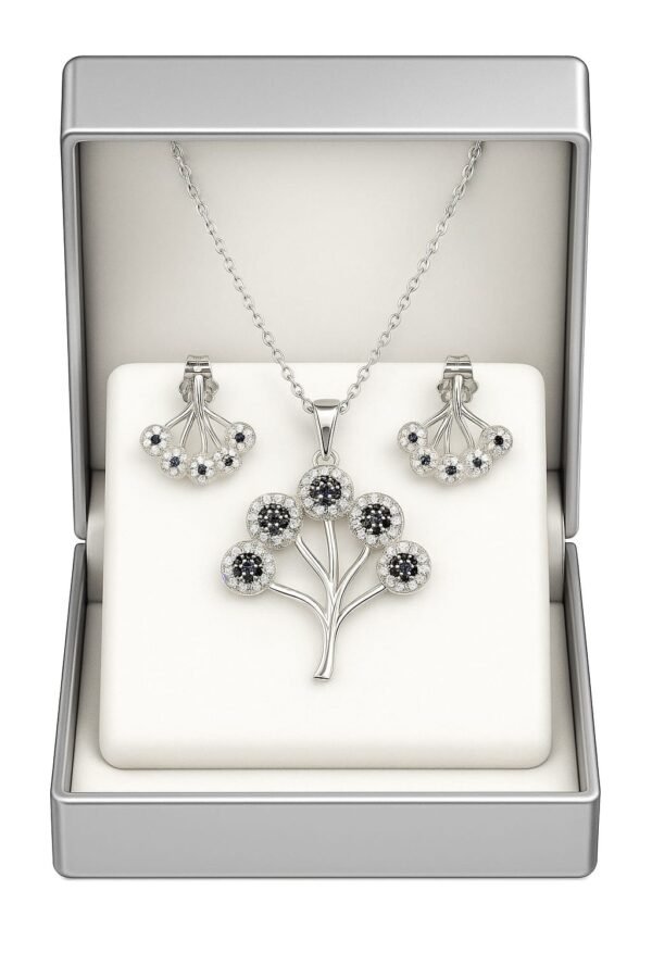 Silver Tree Black & White Crystal Jewelry Set