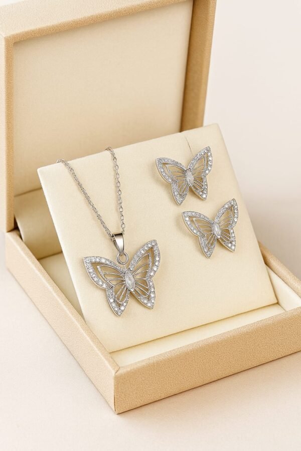 Butterfly Silver Polished Netted Pendant Set