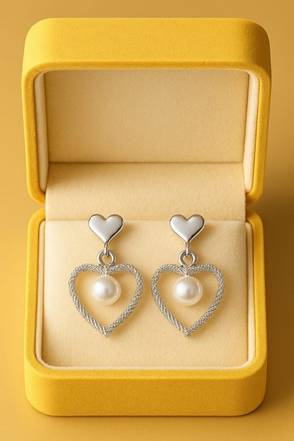 Delicate Silver-Tone Heart-Pearl Drop Earrings