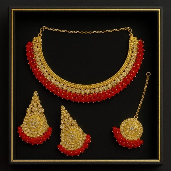 Gold-Polished Beaded Floral Casting Necklace Set