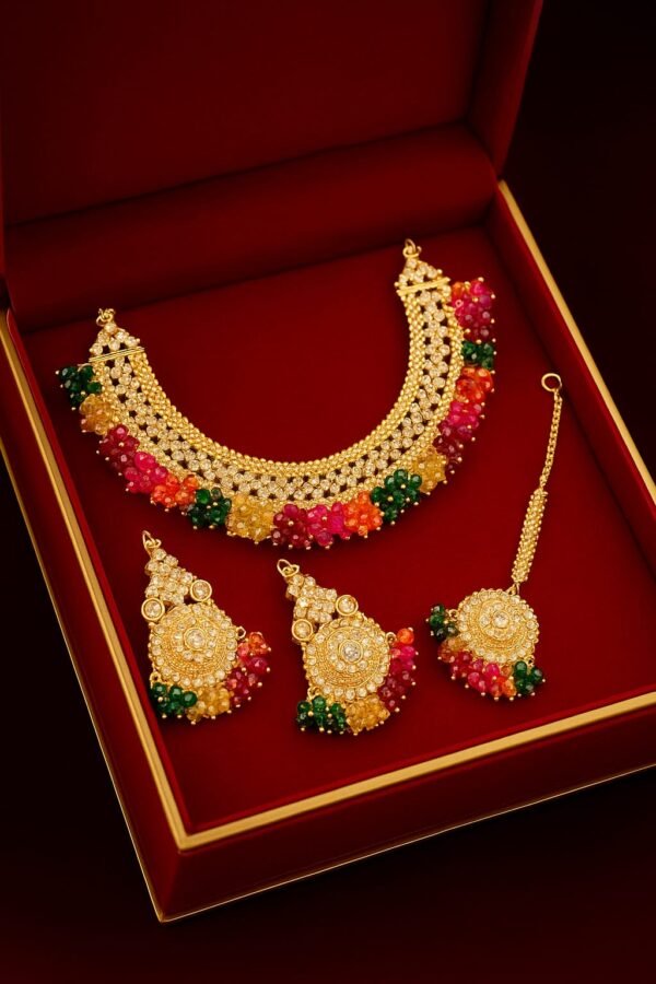 Gold-Polished Multi Beaded Floral Casting Necklace Set