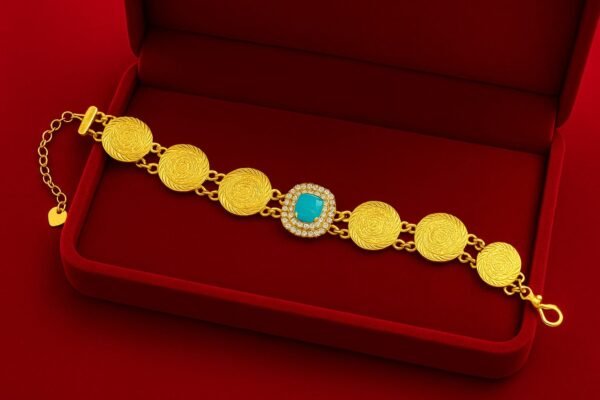 Gold-Polished Turquoise Feroza Tone Coin Chain Bracelet