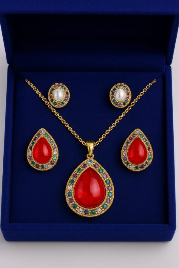 Elegant Oval shaped Crystal Pendant with Earrings+(Extra Ear-Tops)