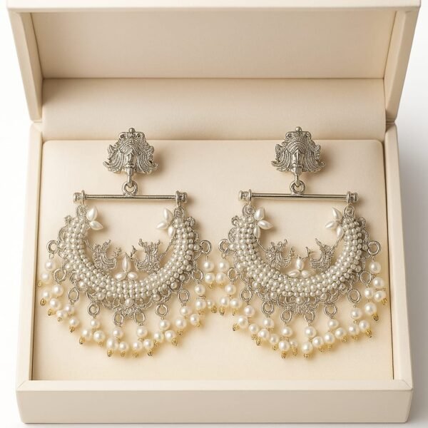 Silver Pearl Chandbali Earrings with pearls balls